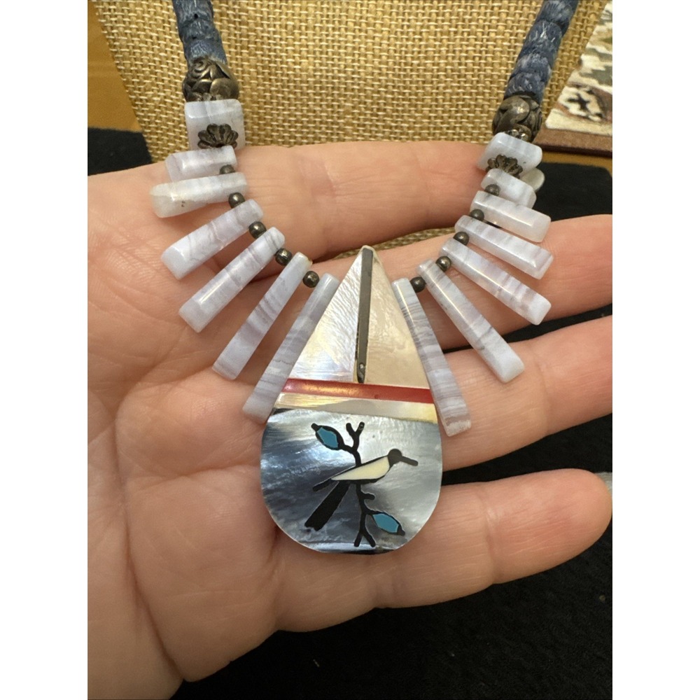 Southwestern Bird Inlay Necklace Blue Lace Agate Shell Pendant Zuni Handmade 21"